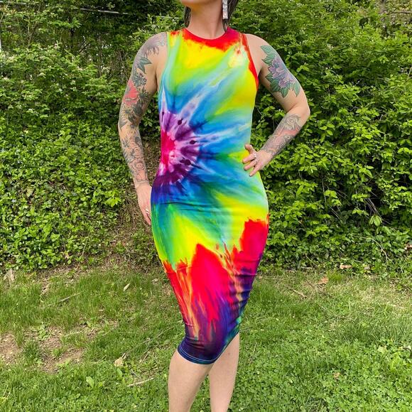 Ice Dyed Rainbow Dress - Sleeveless Tank Bodycon - Vibrant (Women's Small) - Picture 3 of 10